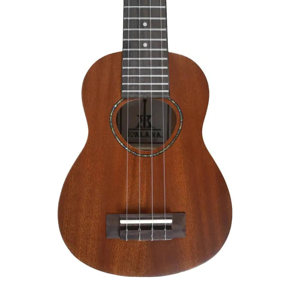 KoAloha KoAlana KSA-10SP soprano ukulele, full front view showing the compact body, 5-point crown headstock, and matte sapele finish.