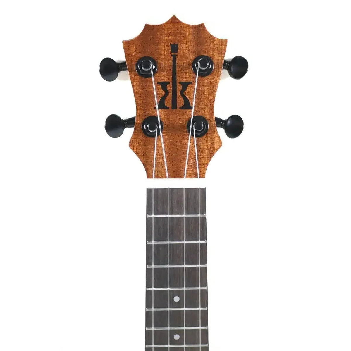 Headstock front of a KoAloha KoAlana KSA-10SP soprano ukulele with the 5-point crown shape and KoAloha logo.