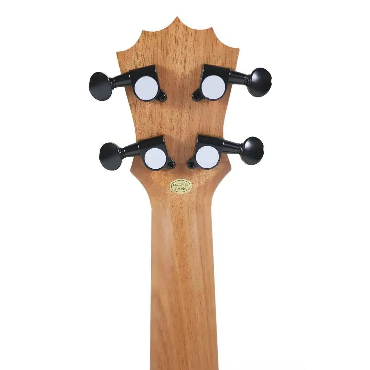 Headstock back of a KoAloha KoAlana KSA-10SP soprano ukulele with a Made in China label between the tuners.