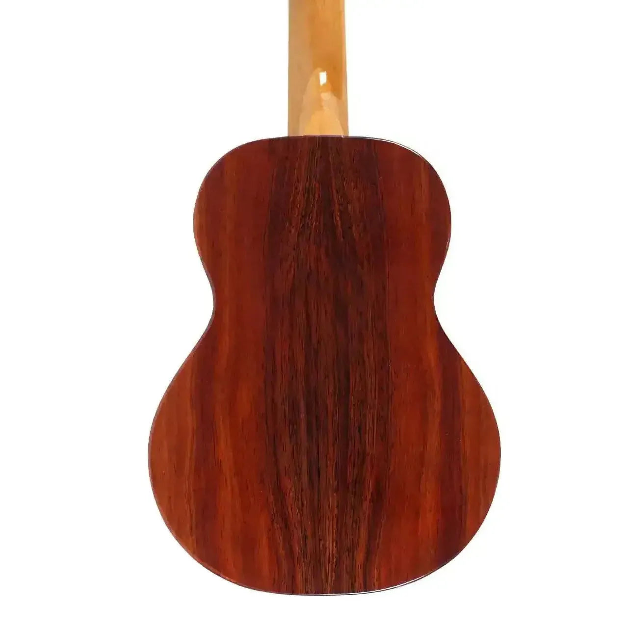 Back of a KoAloha KTM-00 Gloss Tenor Ukulele, showcasing its solid Hawaiian koa wood with a high-gloss finish.