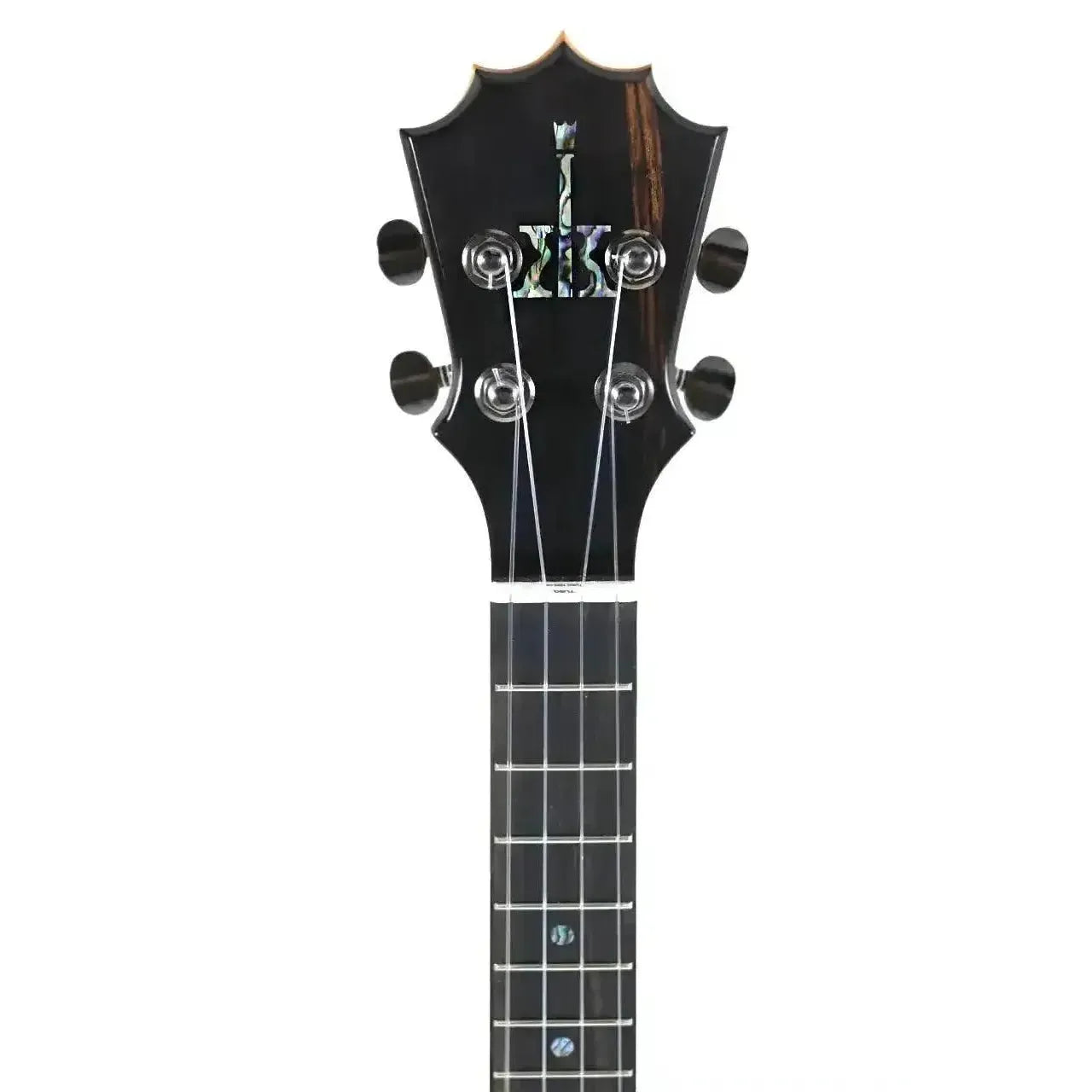 KoAloha KTM-00 tenor ukulele headstock with abalone logo, geared tuners, and ebony fretboard.