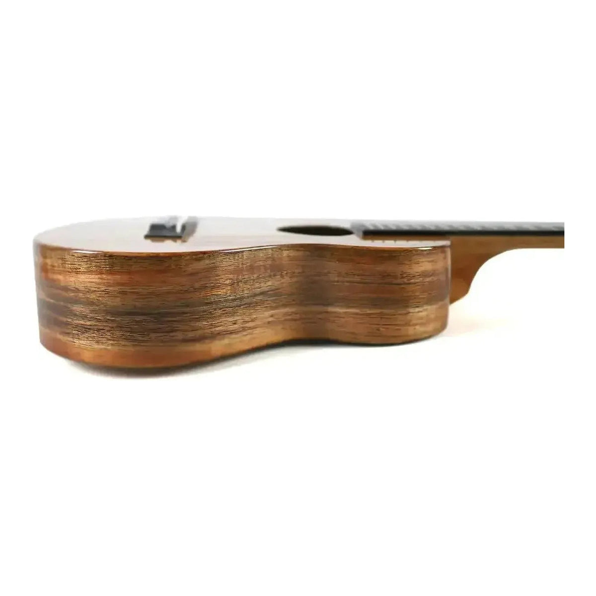 Side view of the KoAloha KTM-00D6 Gloss 6-String Guilele body, showing solid koa sidewall grain