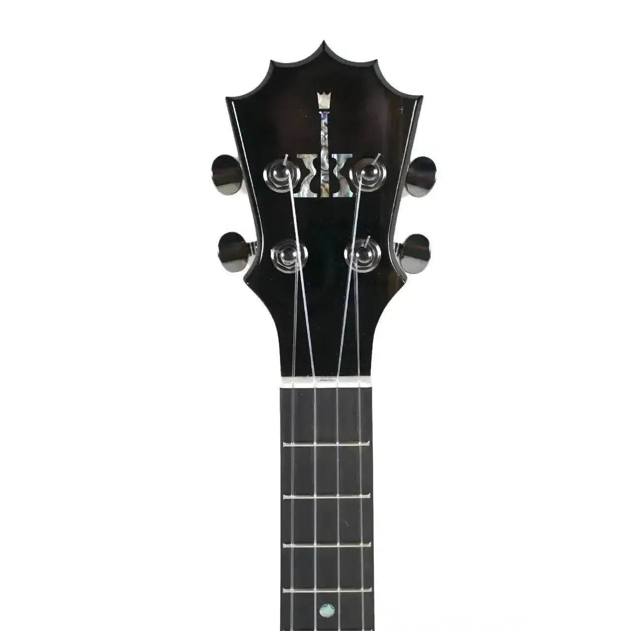 KoAloha KTM-00MG tenor ukulele headstock with 5-pointed crown, thinlam Paua logo, and ebony fretboard.