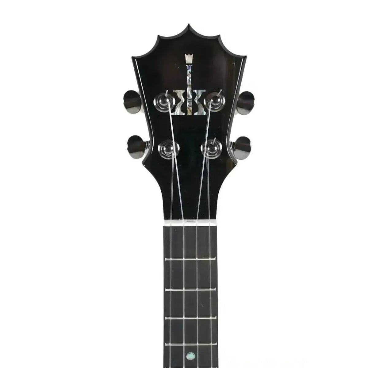 KoAloha KTM-00MG Solid Mango Tenor Ukulele - Gloss, headstock front with crown shape, logo and geared tuners above the fretboard
