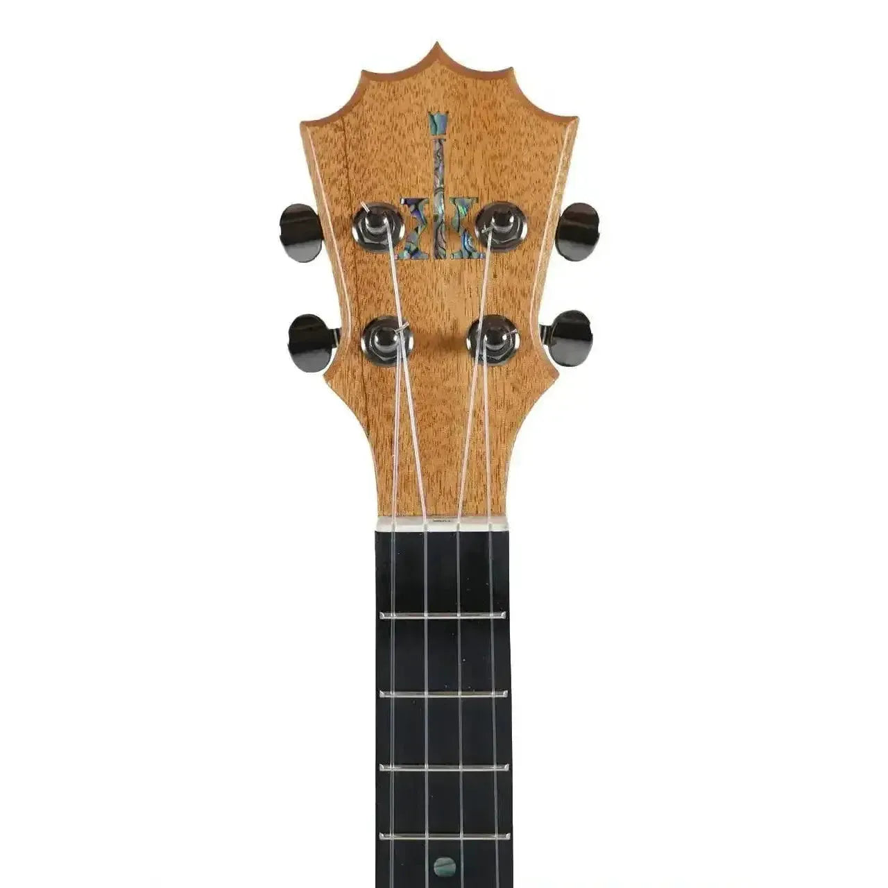 KoAloha KTM-10 Pikake tenor ukulele headstock with 5-pointed crown, koa wood, and black tuners.