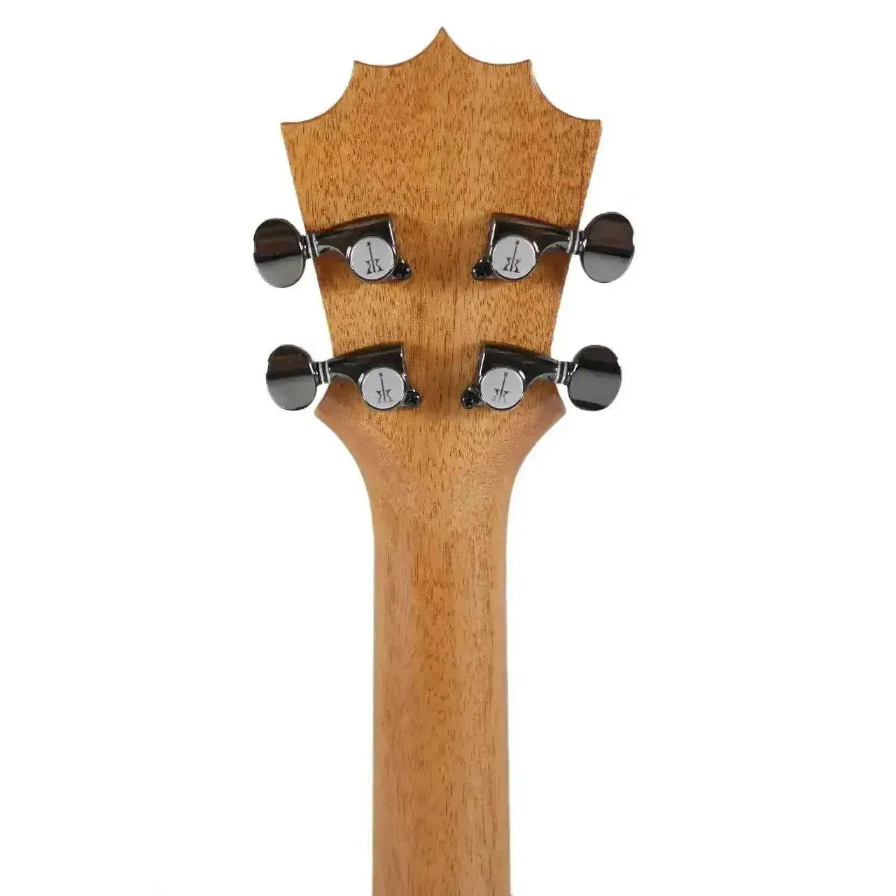 KoAloha KTM-10 Pikake tenor ukulele headstock and neck, showing the signature crown shape and geared tuners.