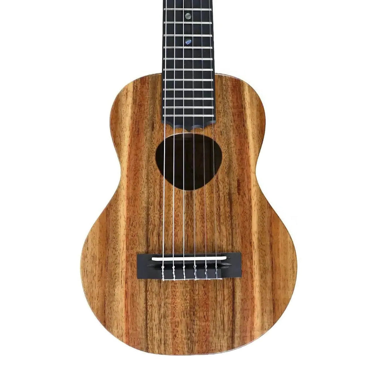 Close-up of the solid koa top of the KoAloha KTM-10D6 Satin 6-String Guilele showing the Musubi soundhole, ebony bridge and six strings
