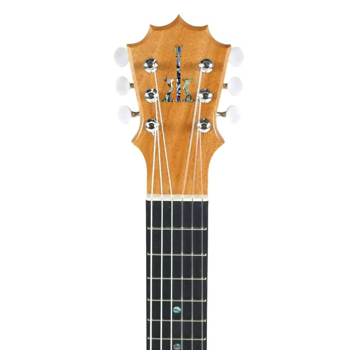 Front of the KoAloha KTM-10D6 Satin 6-String Guilele headstock with abalone logo inlay, six tuners and white tuner buttons