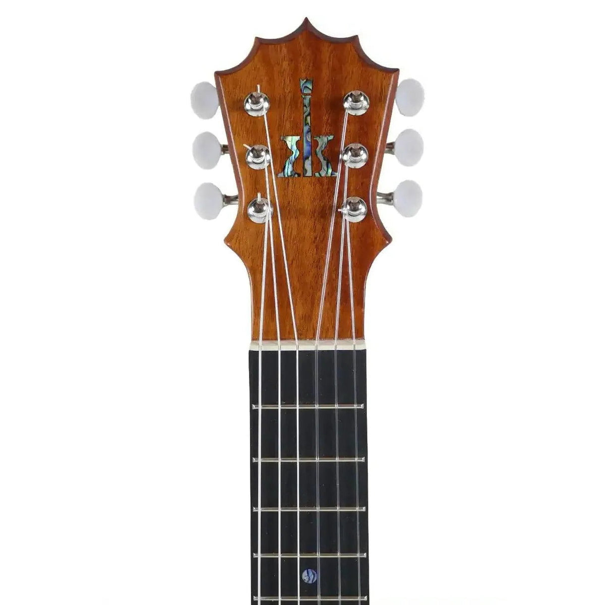 Example photo: KoAloha KTM-10D6 satin 6-string guilele, front of the KoAloha crown-shaped headstock with tuners, nut and upper fretboard (an earlier KTM-10D6; the wood grain on yours will differ)