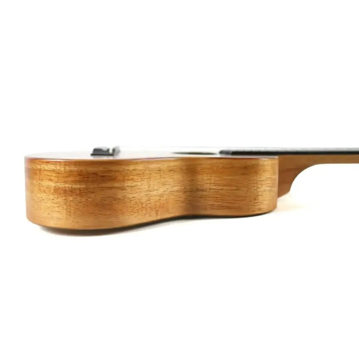 Side view of the KoAloha KTM-10D6 Satin 6-String Guilele body showing solid koa sidewall grain