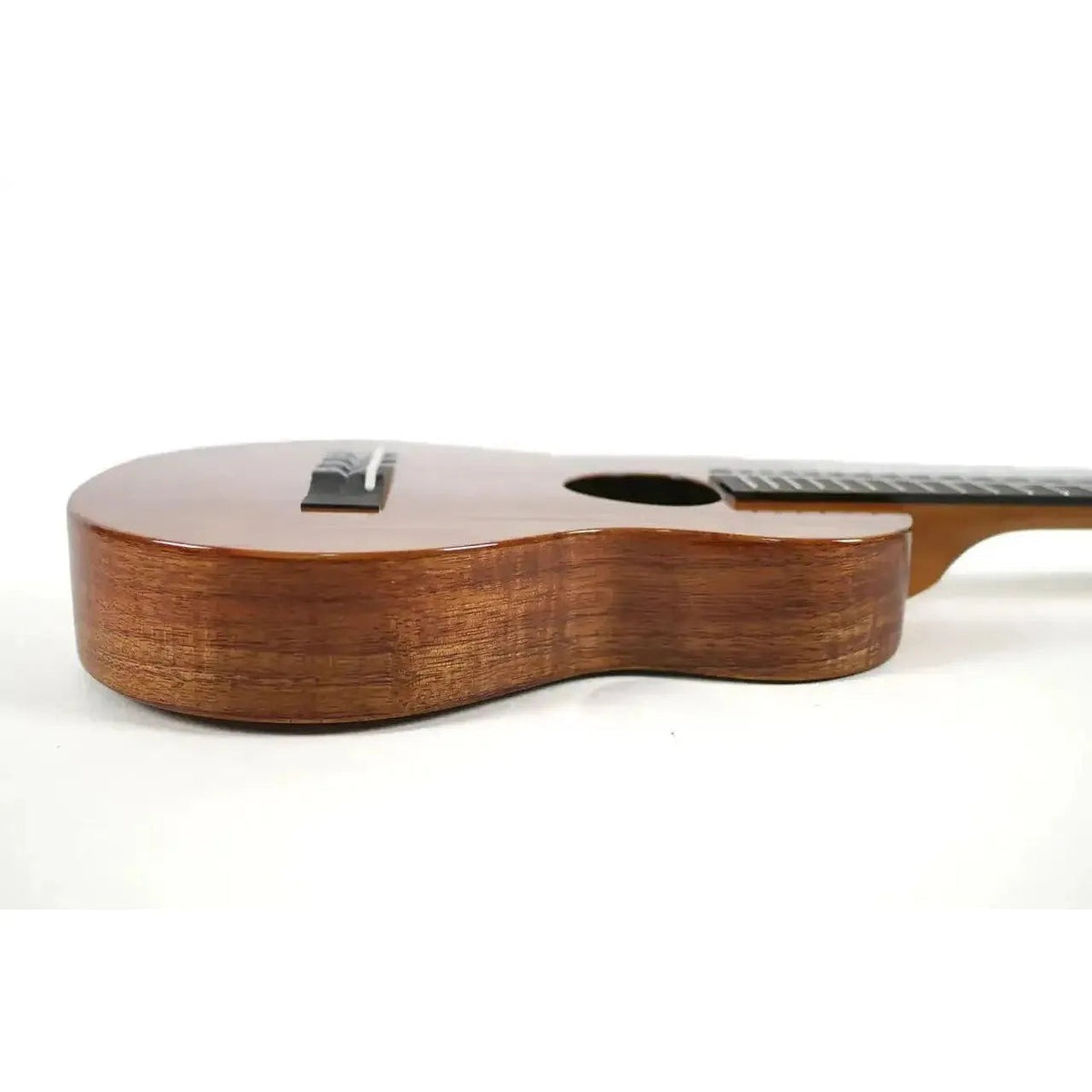 KoAloha KTM-S00 Slimline Gloss Solid Hawaiian Koa Tenor Ukulele, side view of the slim koa body