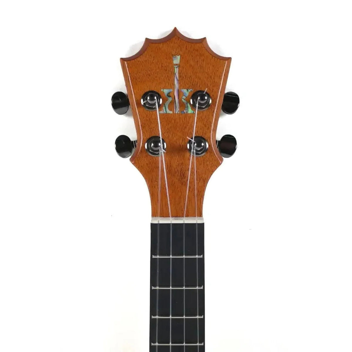 Example photo: KoAloha KTM-S10 Slimline satin tenor ukulele, front of the KoAloha crown-shaped headstock with tuners, nut and upper fretboard (an earlier KTM-S10; the wood grain on yours will differ)