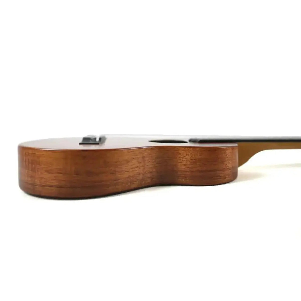 KoAloha KTM-S10 Slimline satin koa tenor ukulele #1, side view showing the slim body depth