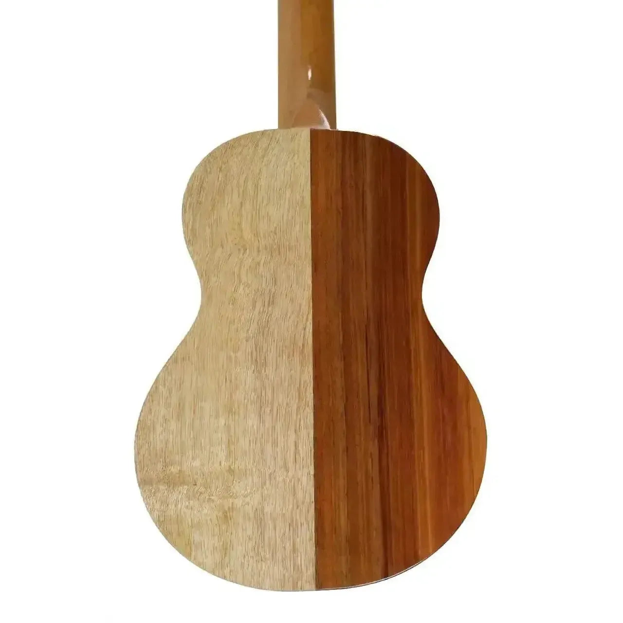 KoAloha KTNP-00 Naupaka tenor ukulele back, showing light mango and dark koa wood halves.