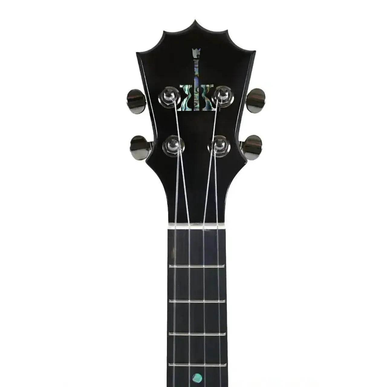 KoAloha ukulele headstock with 5-pointed crown, Musubi logo, and black ebony fretboard.