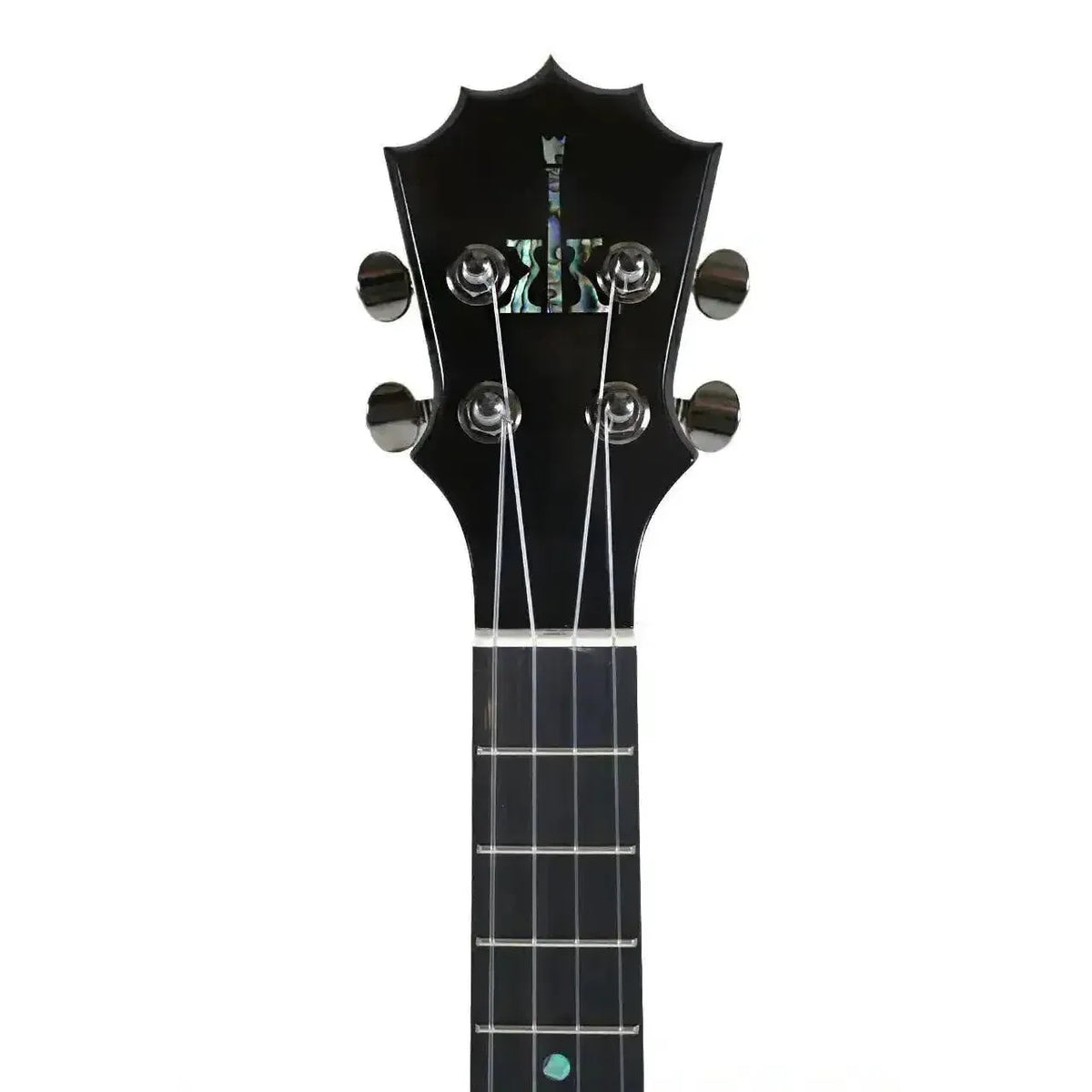 KoAloha KTNP-00 Gloss Naupaka Solid Mango & Hawaiian Koa Tenor Ukulele, black headstock front with abalone KoAloha logo and geared tuners
