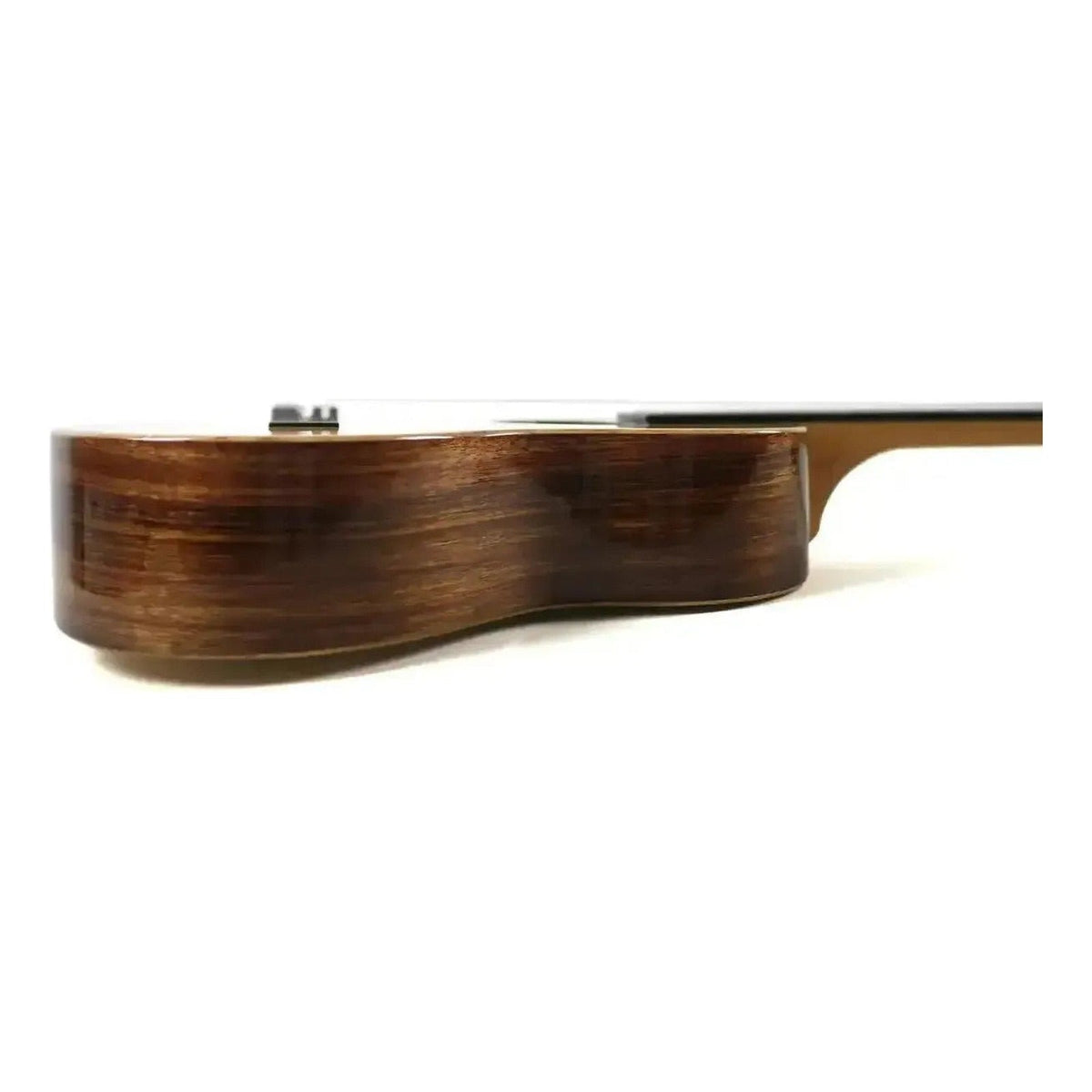 KoAloha KTNP-00 Gloss Naupaka Solid Mango & Hawaiian Koa Tenor Ukulele, side view showing the dark koa side grain and neck joint