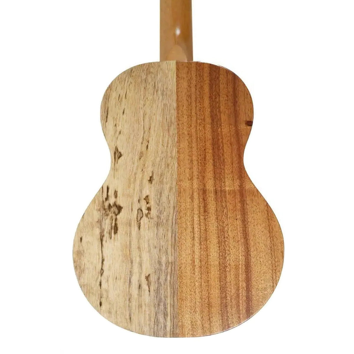 Example photo: KoAloha KTNP-10 Naupaka satin tenor ukulele, back of the half solid Hawaiian koa and half solid mango body (an earlier KTNP-10; the wood grain on yours will differ)