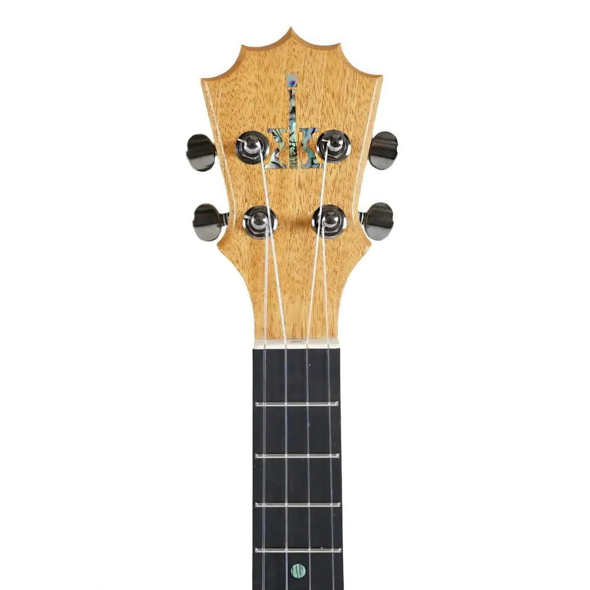 Example photo: KoAloha KTNP-10 Naupaka satin tenor ukulele, front of the KoAloha crown-shaped headstock with tuners, nut and upper fretboard (an earlier KTNP-10; the wood grain on yours will differ)