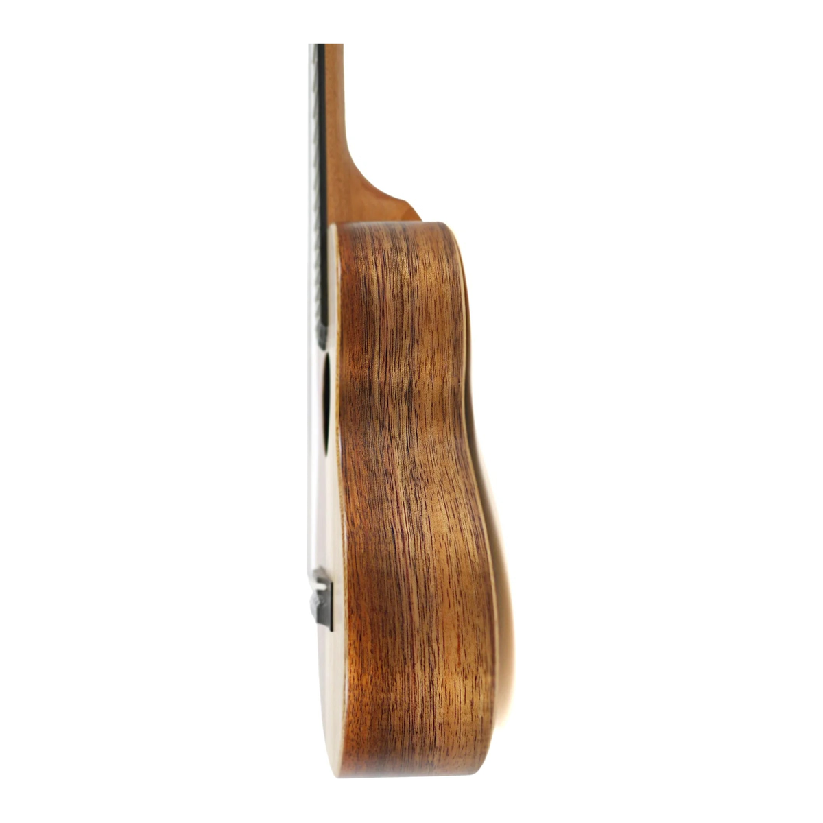 Side view of the KoAloha KTNP-10 Naupaka tenor ukulele standing upright, showing koa side grain and satin finish