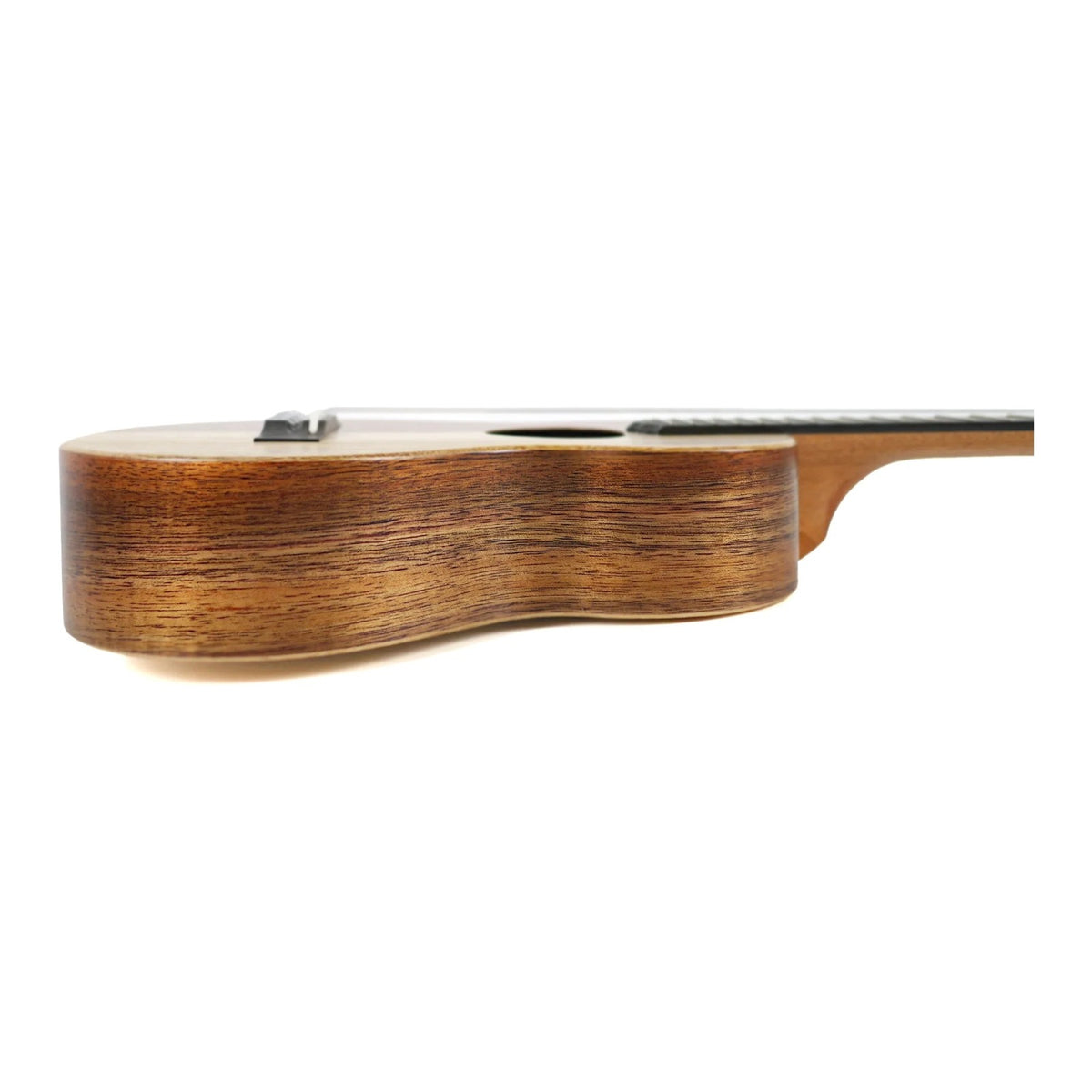 Side view of the KoAloha KTNP-10 Naupaka tenor ukulele, showing koa side grain and satin finish