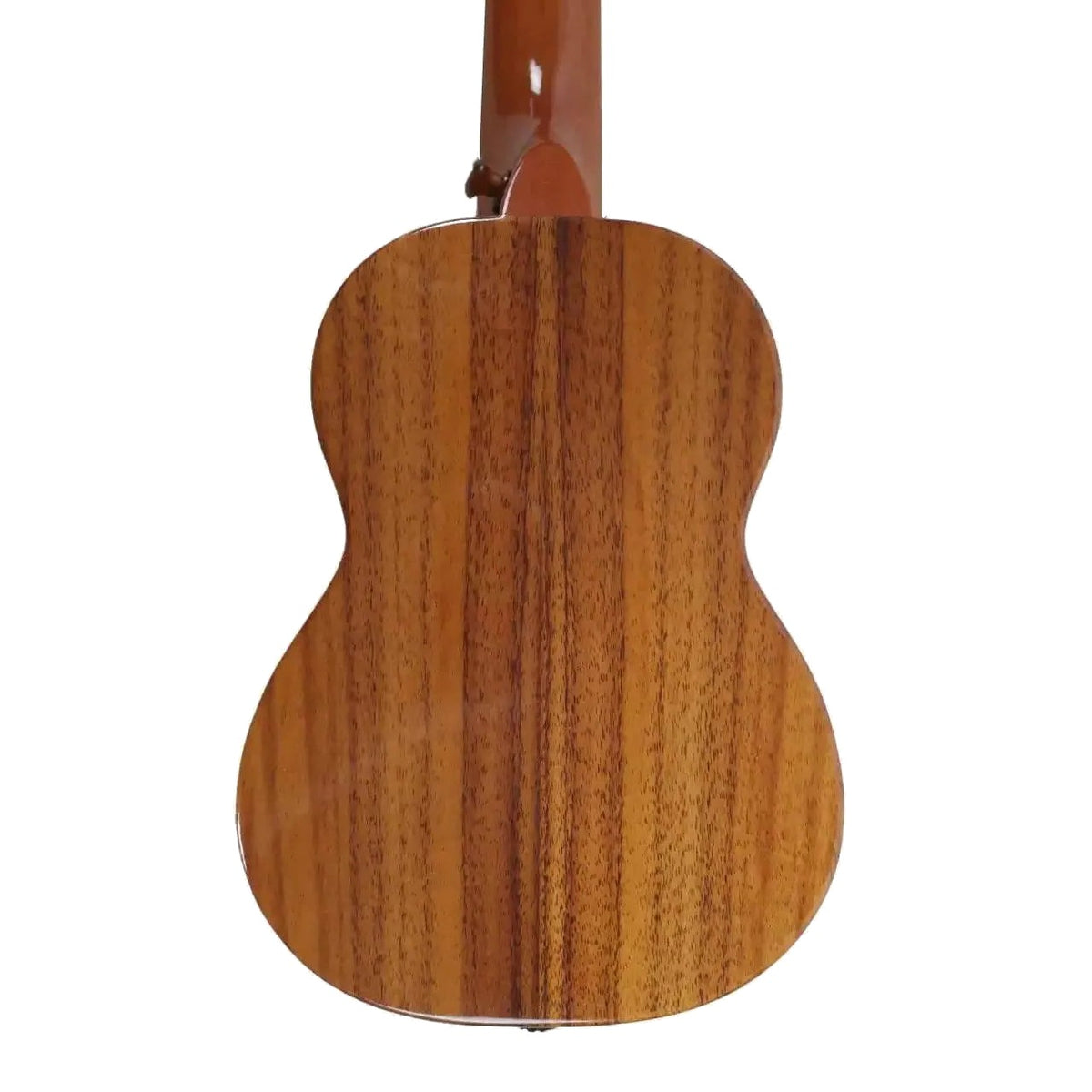 Example photo: body back of an earlier KoAloha KSM-00 gloss soprano ukulele, showing the solid Hawaiian koa back