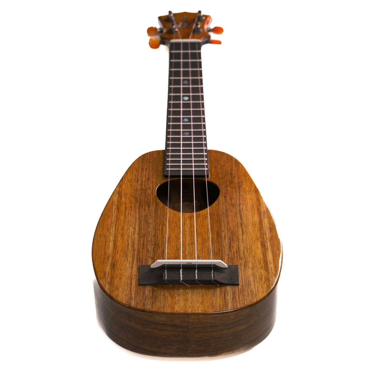 Example photo: full front of a KoAloha KSM-03 limited edition (gloss, shown as an example for the satin KSM-13) gloss koa pineapple soprano long neck, standing upright
