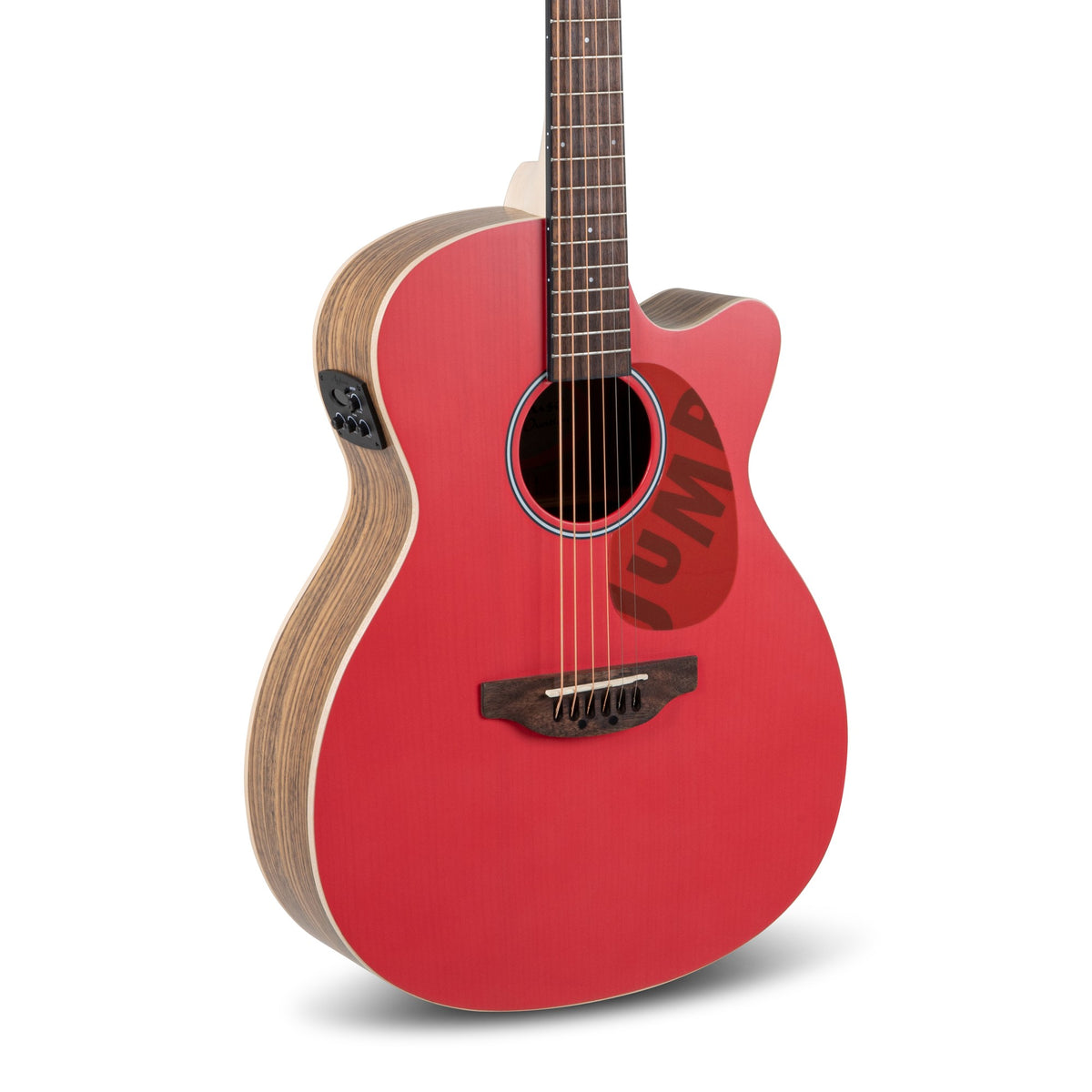 Body front of the Ovation Applause Jump AEO-69-R Lipstick guitar: lipstick red solid spruce top, cutaway, Jump pickguard, bridge and some fretboard