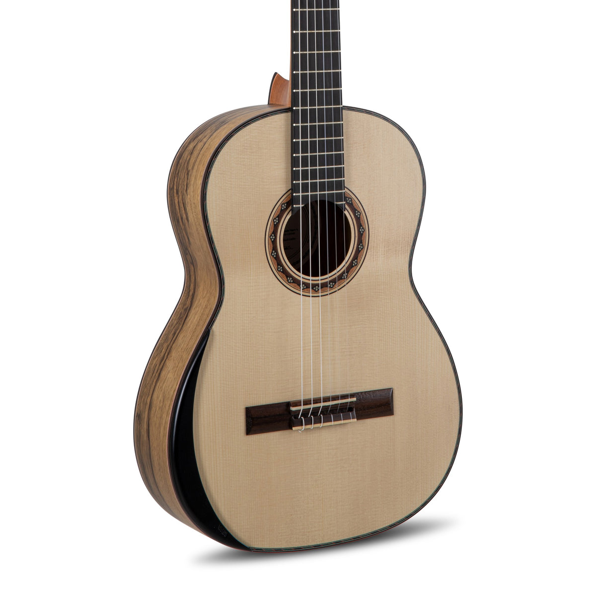 Body front of the Manuel Rodriguez Private Stock Tesoro de Guinea classical guitar: solid spruce top, mosaic rosette, tie bridge and some fretboard
