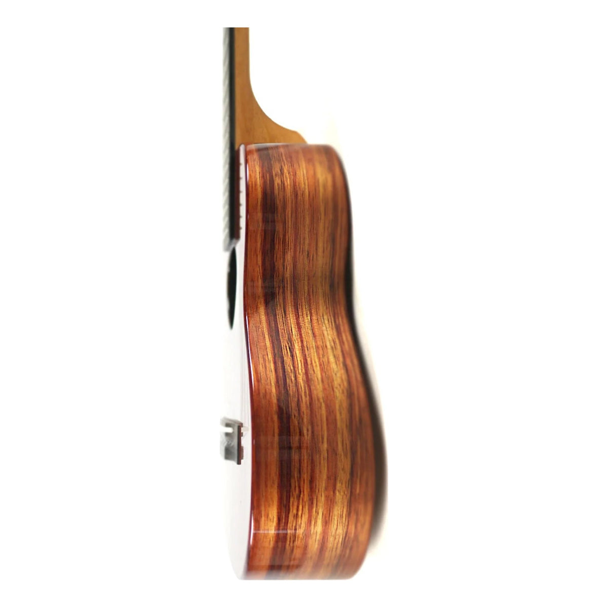 Side view of the KoAloha KTM-00 Gloss Solid Hawaiian Koa Tenor Ukulele, ukulele #2, showing the glossy koa body depth