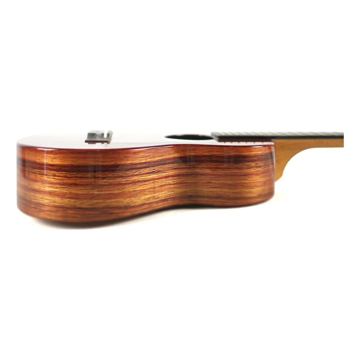 Side view of the KoAloha KTM-00 Gloss Solid Hawaiian Koa Tenor Ukulele, ukulele #2, showing the glossy koa body depth