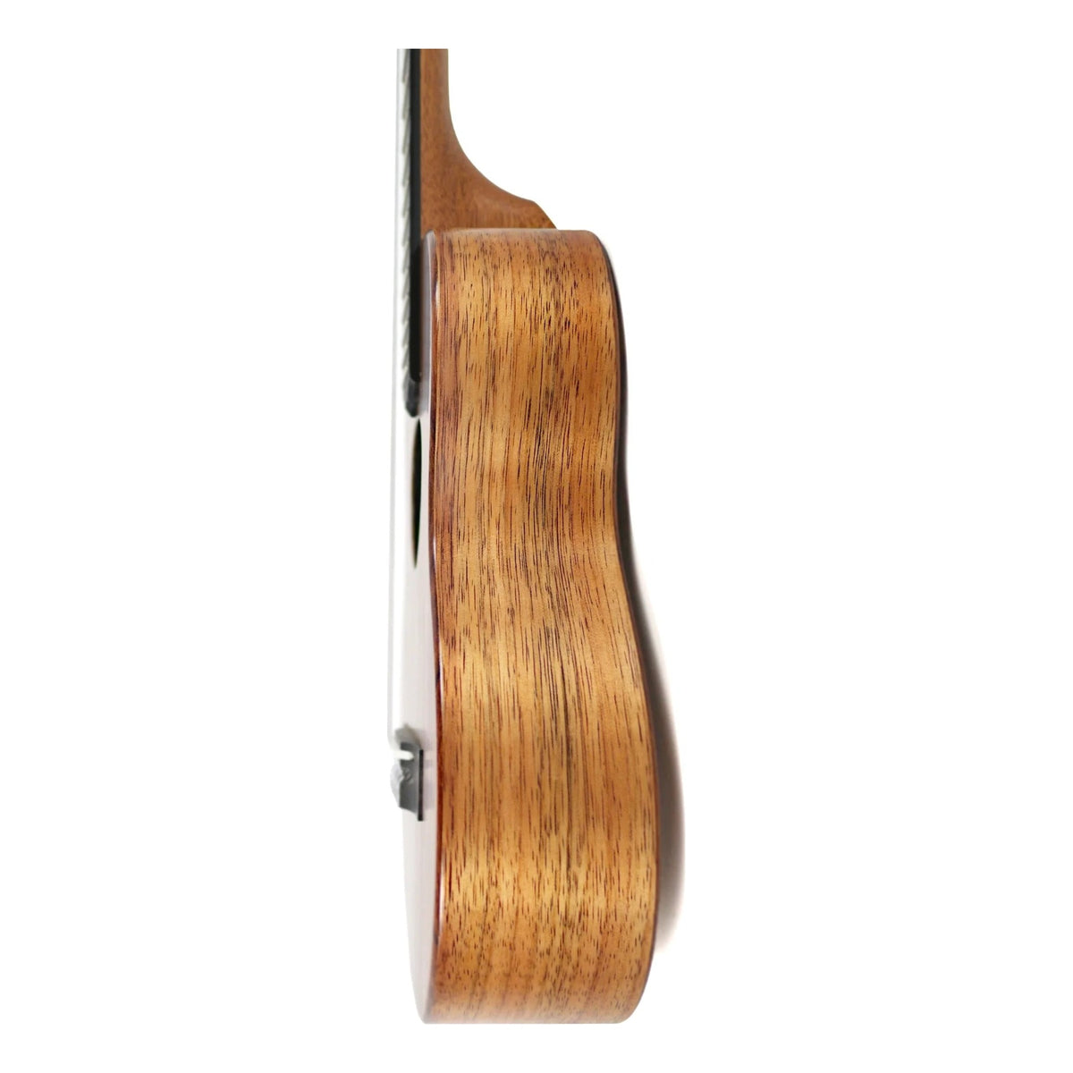Side view of the KoAloha KTM-10 Pikake Solid Hawaiian Koa Tenor Ukulele, unit #2, showing the koa body depth
