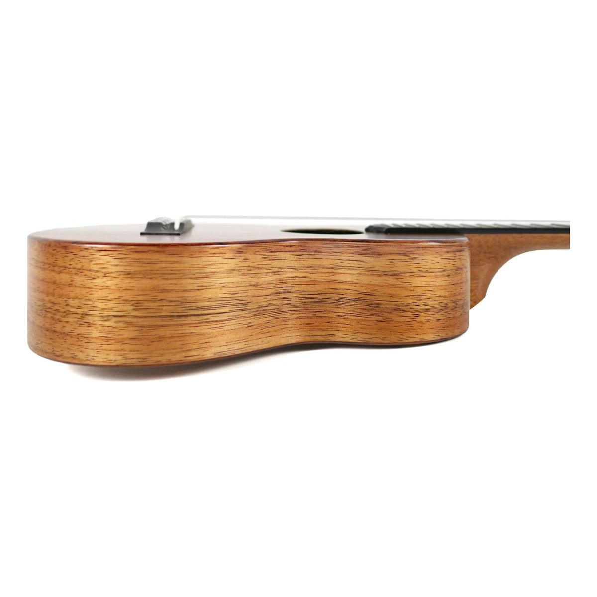 Side view of the KoAloha KTM-10 Pikake Solid Hawaiian Koa Tenor Ukulele, unit #2, showing the koa body depth