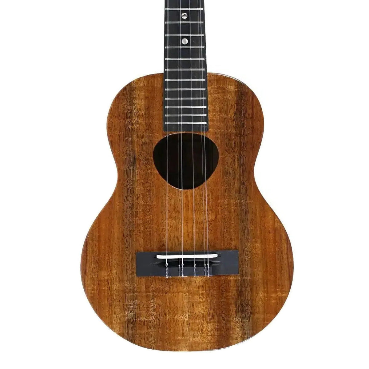 KoAloha KTM-06 Imaikalani Solid Hawaiian Koa 6-String Tenor Ukulele - Gloss, close-up of the koa top, soundhole and bowtie bridge