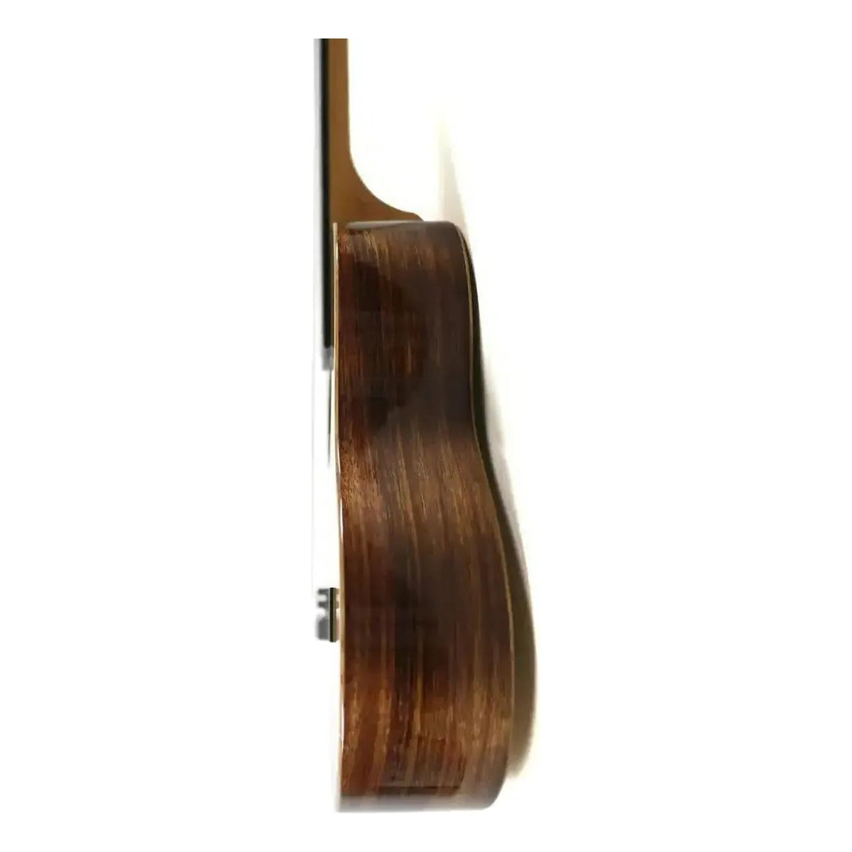 KoAloha KTNP-00 Gloss Naupaka Solid Mango & Hawaiian Koa Tenor Ukulele, side view showing the dark koa side grain and neck joint