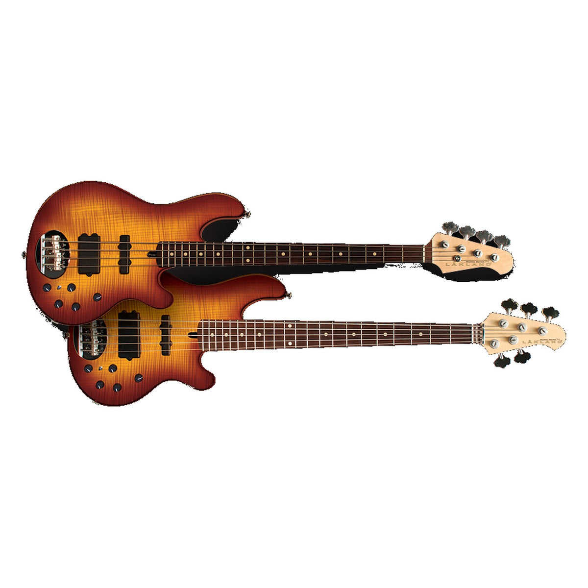 Two Lakland Skyline 02-style basses with flamed maple tops, showing the flame figure, in Tobacco Burst