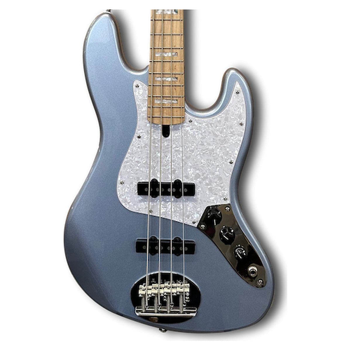Lakland Skyline 44-60 Custom body front with two J pickups, pearl pickguard and block inlays, shown in Ice Blue Metallic