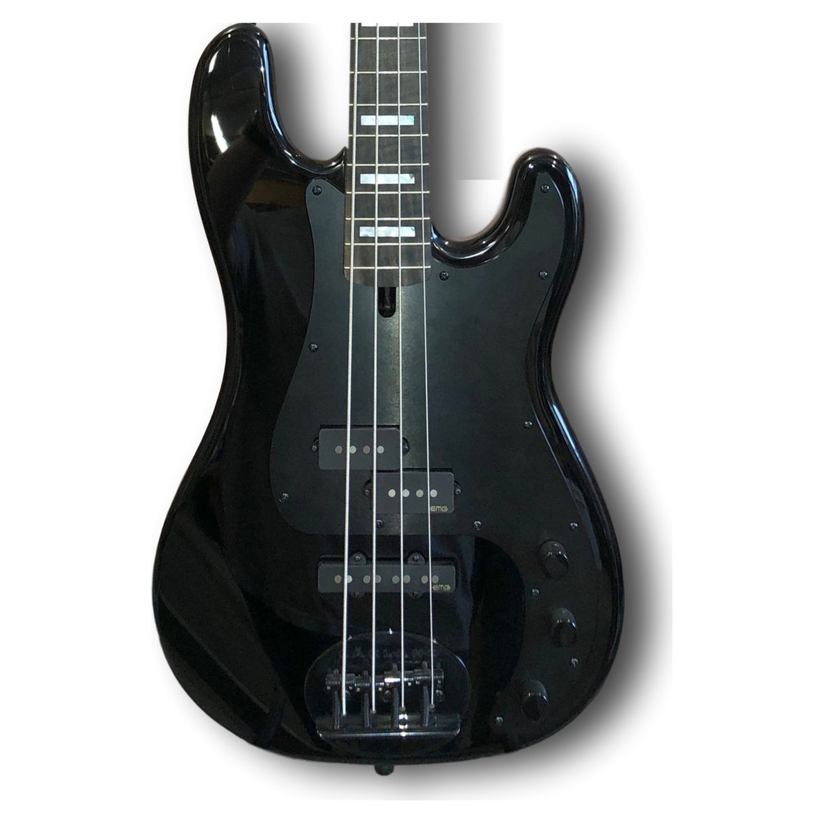 Lakland Skyline 44-64 Custom GZ body front in gloss black with black anodized pickguard, EMG P and J pickups, ebony fingerboard with pearl block inlays and black bridge