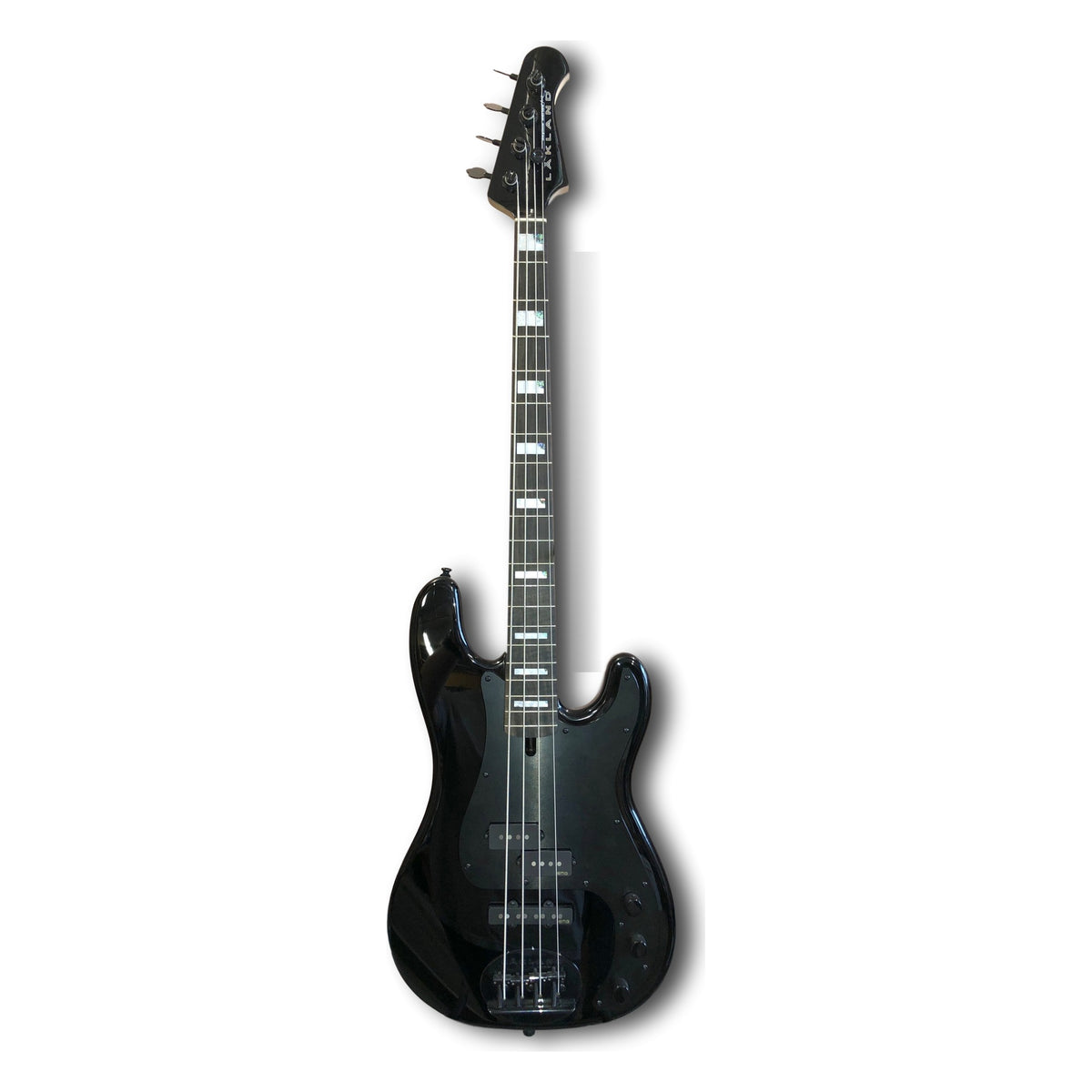 Lakland Skyline 44-64 Custom GZ bass in gloss black, full front with black anodized pickguard, ebony fingerboard with pearl block inlays and matching black headstock