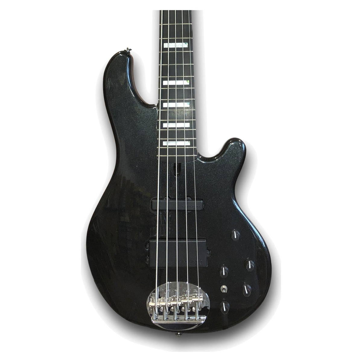 Lakland Skyline 55-02 Custom 5-string body front in Black Sparkle, full body with both horns, MM and J pickups, ebony fingerboard with block inlays and chrome bridge