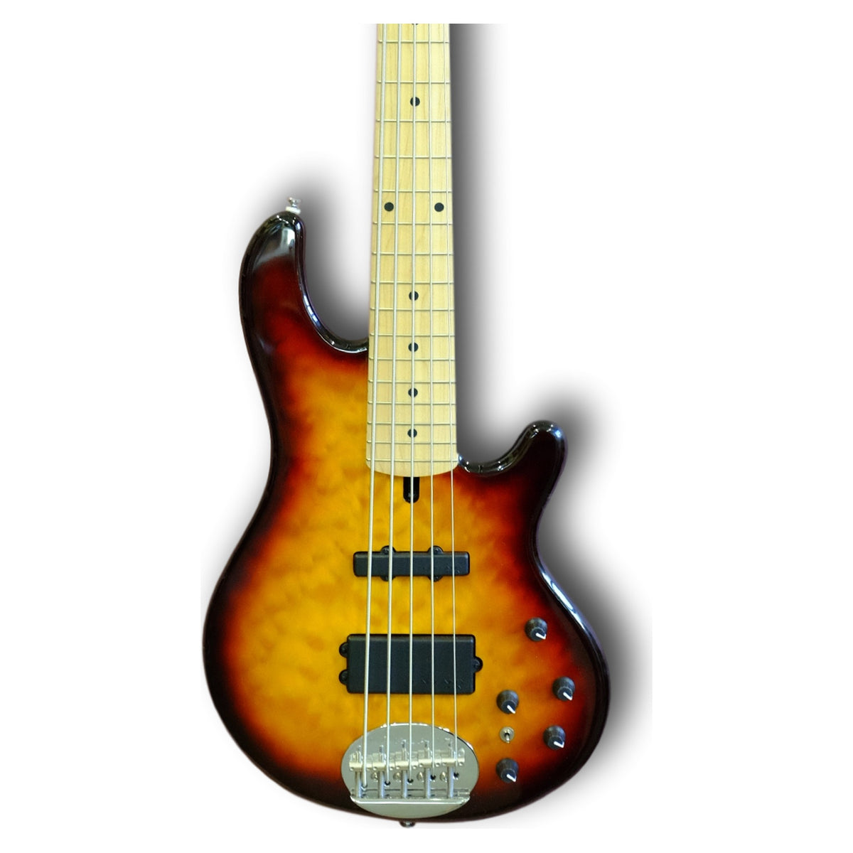 Lakland Skyline 55-02 Deluxe 5-string body front with figured maple burst top, both horns, MM and J pickups and maple fingerboard, shown in Honey Burst