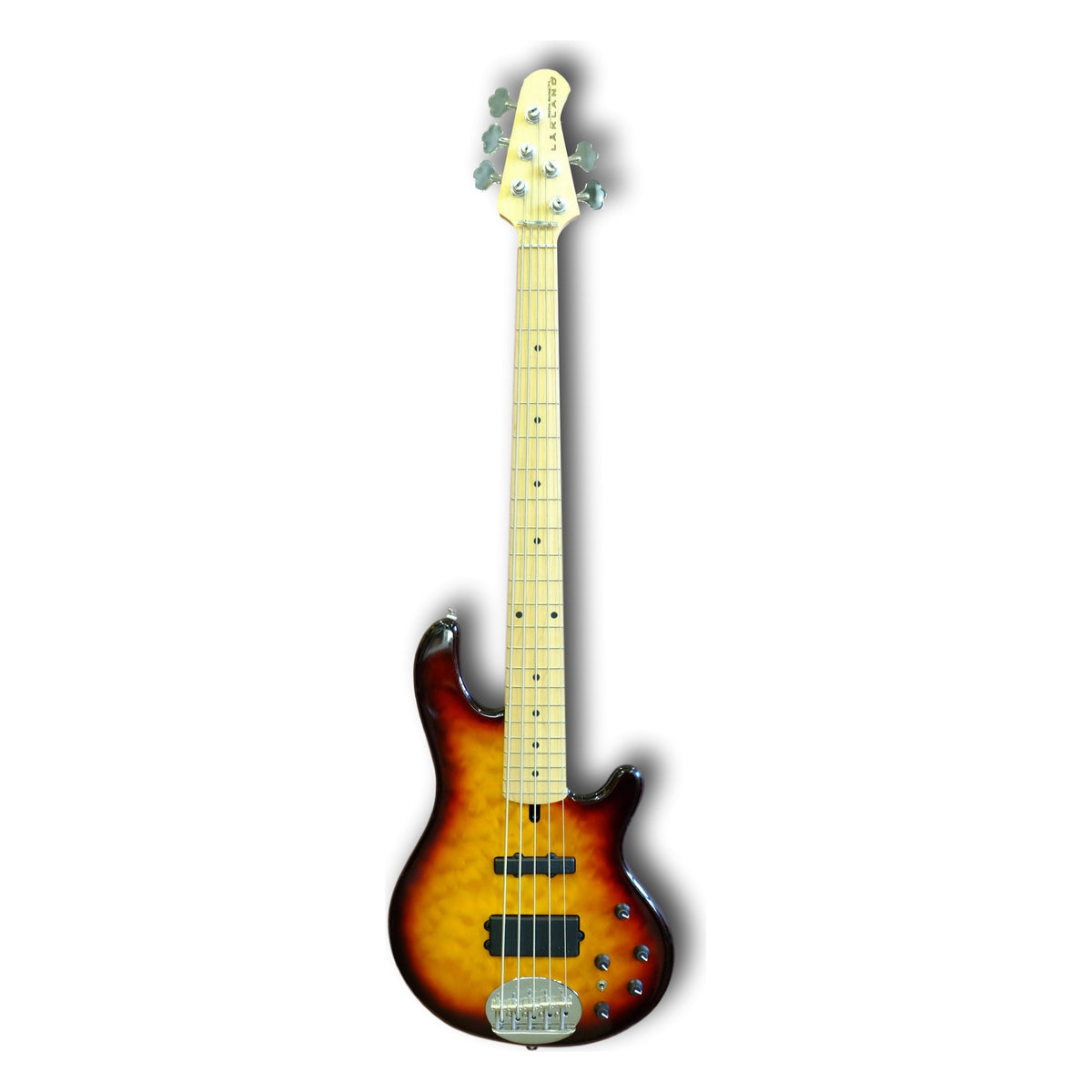 Lakland Skyline 55-02 Deluxe 5-string bass full front with quilted burst top, maple fingerboard and MM-J pickups, shown in Honey Burst