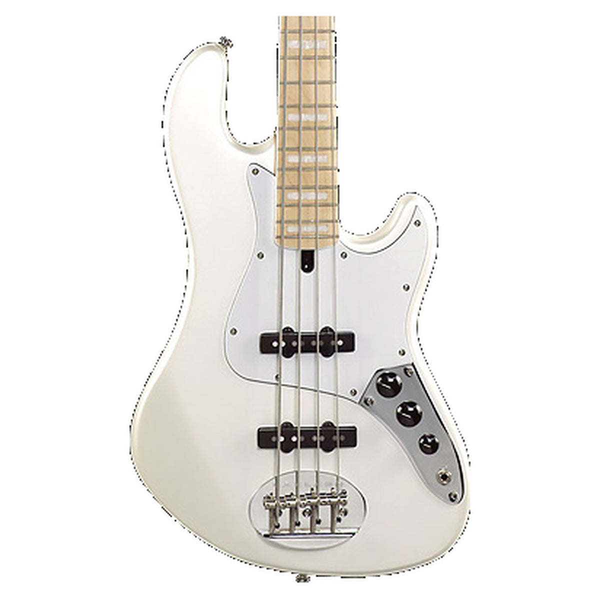 Lakland Skyline DJ-4 Darryl Jones body front with two J pickups, chrome control plate and maple fingerboard, shown in White Pearl