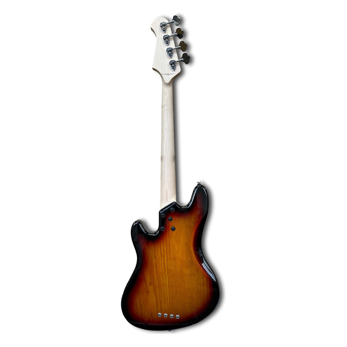 Back of the Lakland HH-30 showing the sunburst ash body and maple neck