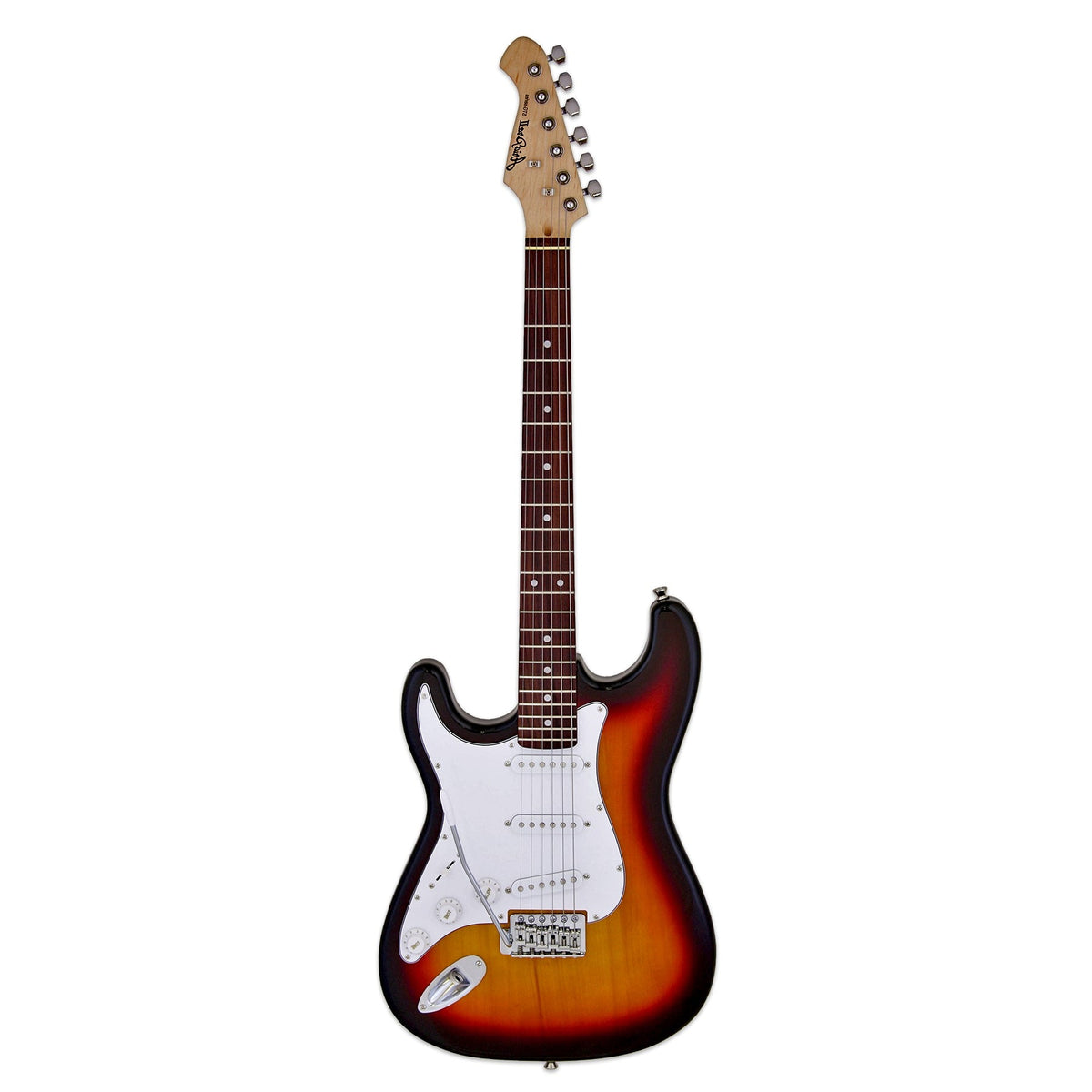 Aria STG-003 left-handed electric guitar in 3-tone sunburst with a white pickguard, full-length front view