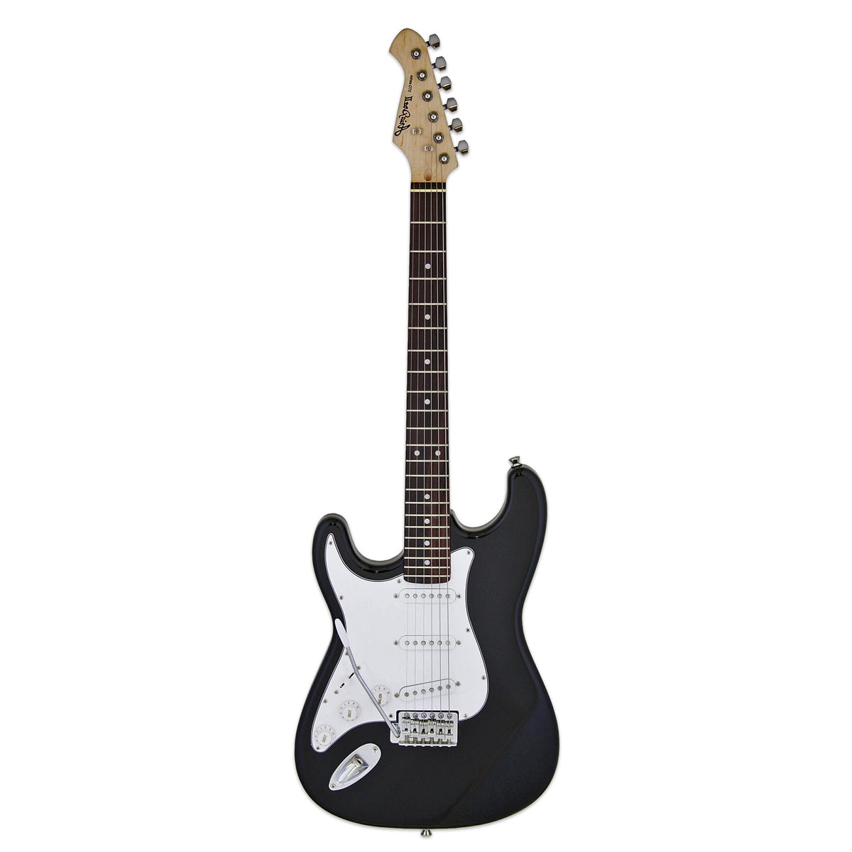 Aria STG-003 left-handed electric guitar in black with a white pickguard and rosewood fingerboard, full-length front view
