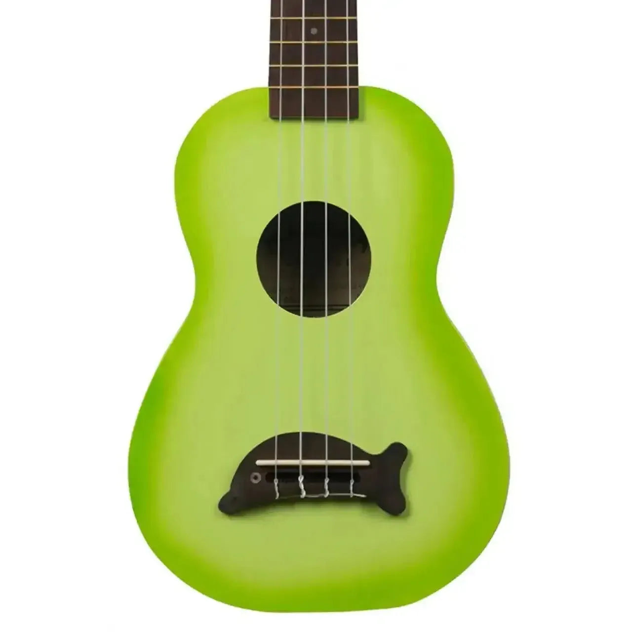 Makala MK-SD/GRNBURST Green Apple Burst Dolphin Soprano Ukulele with a dolphin-shaped bridge.
