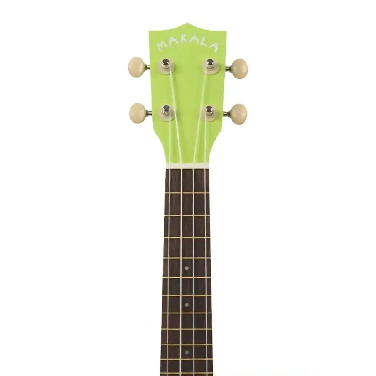 Makala Green Apple Burst Dolphin Soprano Ukulele headstock with light green finish and tuning pegs.