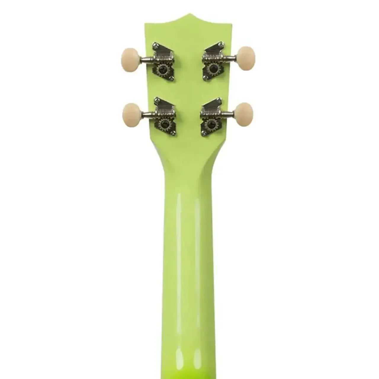 Makala MK-SD/GRNBURST Green Apple Burst Dolphin Soprano Ukulele headstock and neck, rear view.
