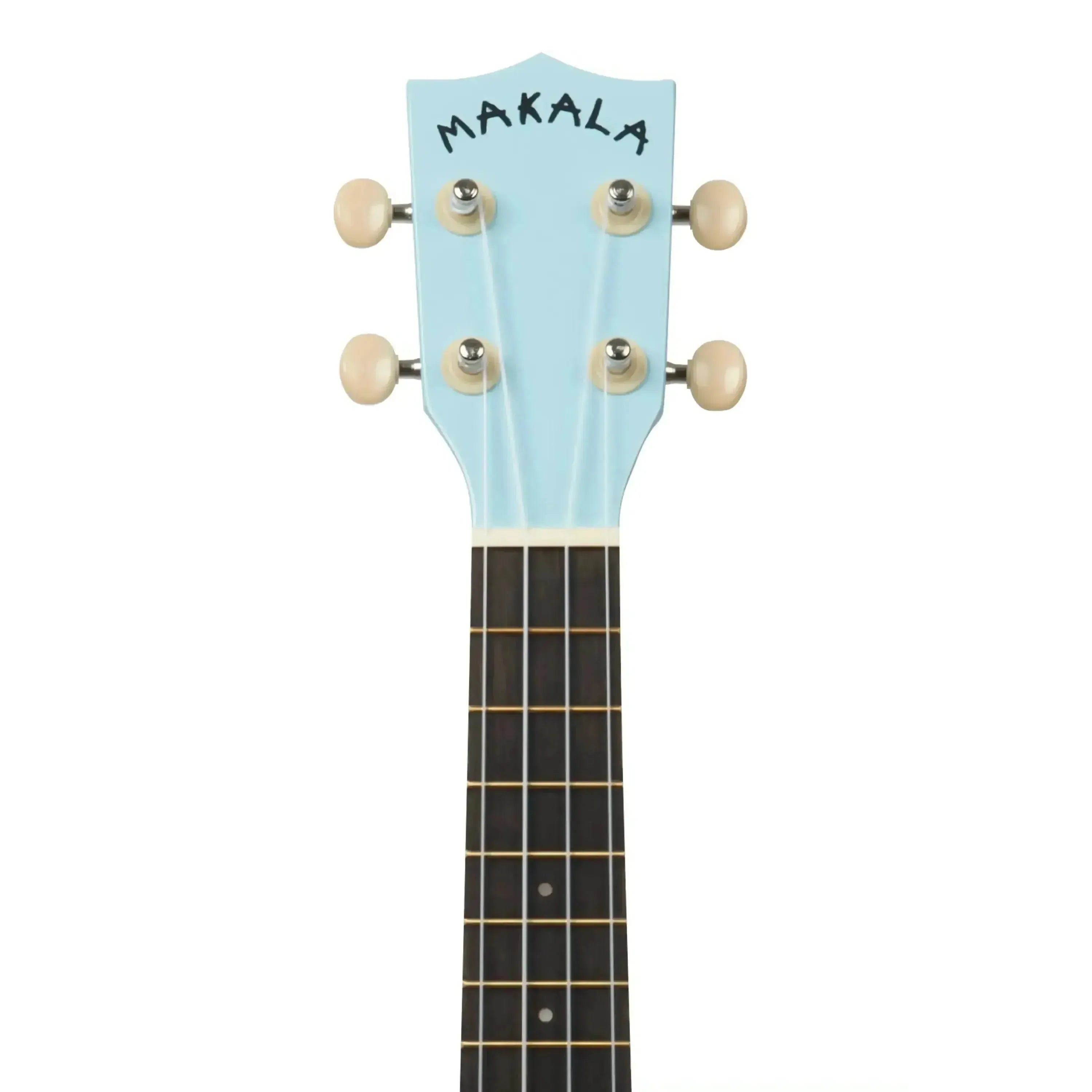 Makala Light Blue Burst Dolphin Soprano Ukulele headstock with "MAKALA" logo and white tuning pegs.